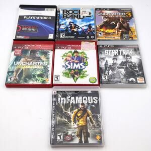 7 PS3 Game Lot Soul Calibur IV Rock Band Uncharted Sims 3 Star Trek Infamous